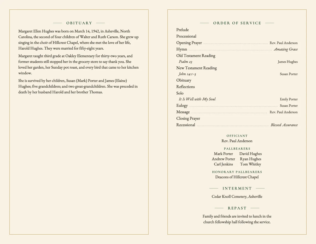 Funeral program template example: obituary on the inside left panel, order of service, pallbearers, interment and repast on the right