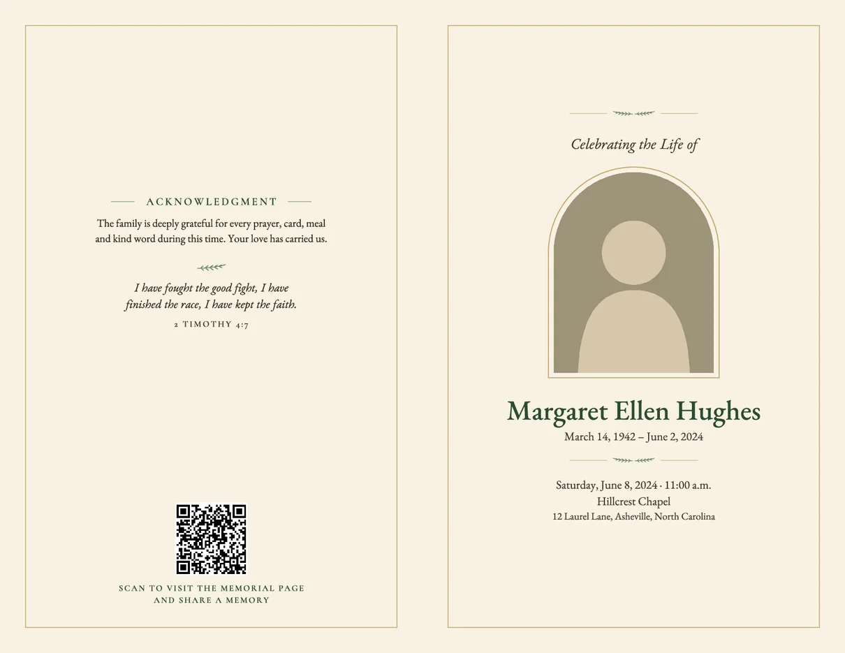 Funeral program example cover with an arched photo frame, name, dates and service details, and a back panel with an acknowledgment, verse and QR code