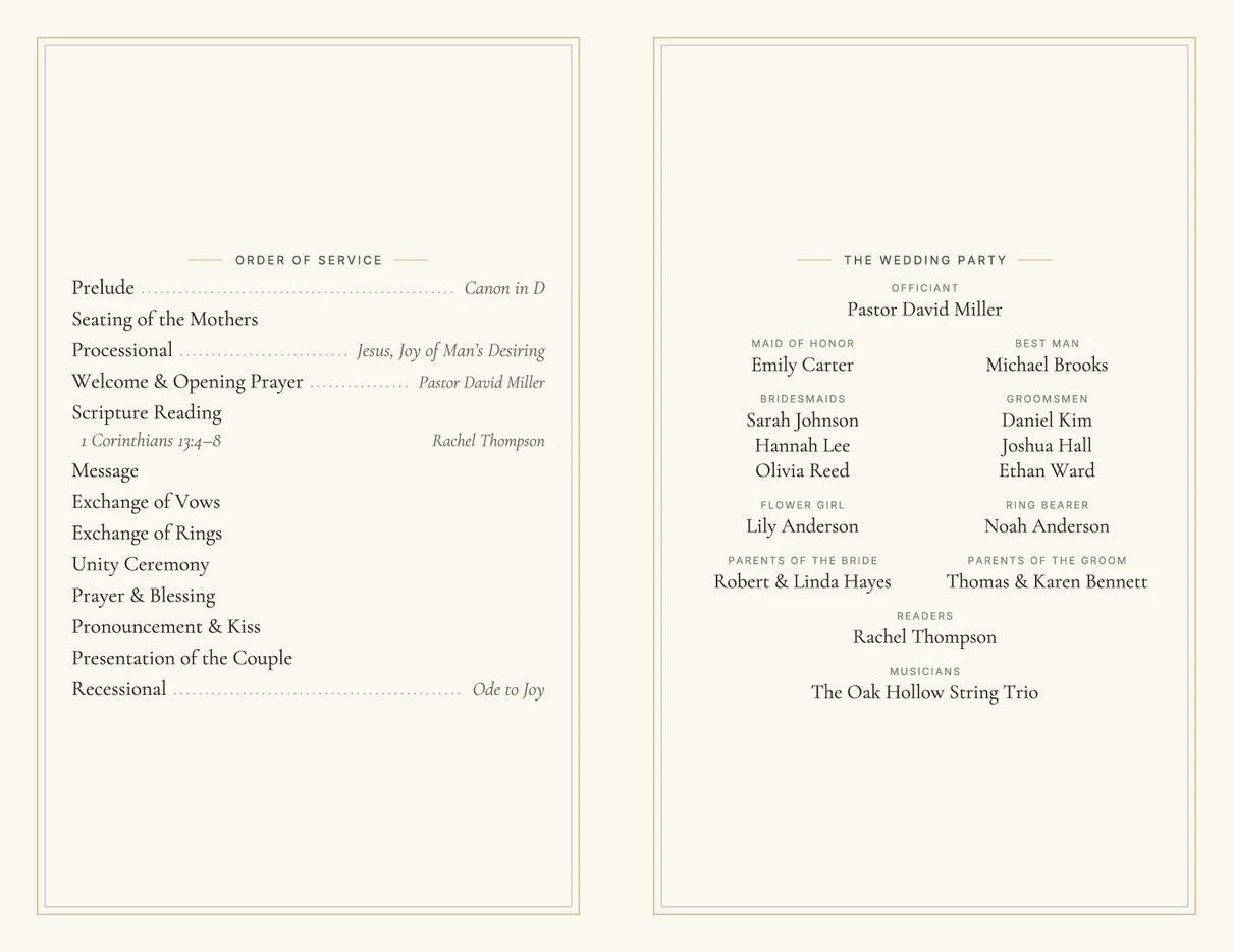 Wedding ceremony program example: order of service on the left panel and the wedding party on the right