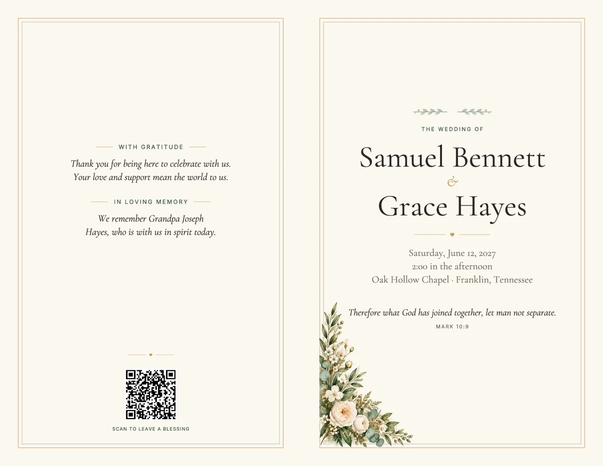 Folded wedding program example: couple’s names, date, venue and a Bible verse on the cover, thank-you note and QR code on the back