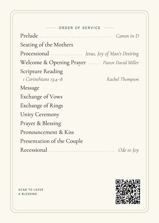 Wedding program fan back with the order of service and a QR code