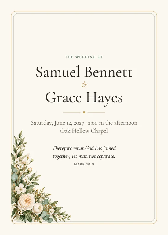 Wedding program fan front with the couple’s names, date and verse
