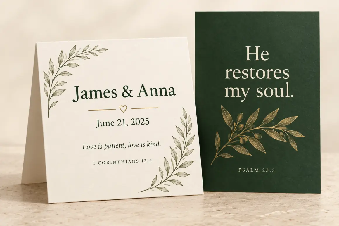 A folded botanical wedding table card beside a frameless green Bible verse wallpaper.